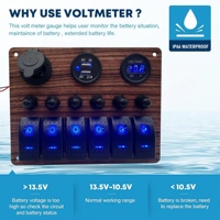 Panel de interruptores basculantes marinos de 6 posiciones con USB, voltímetro digital, cargador USB dual y toma de encendedor para RV, camión, barco