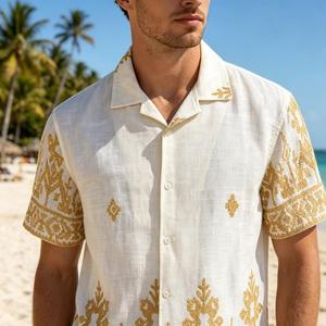 Camisa de lino y algodón con bordado de estampado floral para hombre, camisa informal de manga corta para hombre, camisas de vacaciones en la playa para hombre - Product Image 6