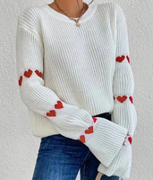 LASARO INTERNATIONAL Pull en tricot blanc à col rond pour femme, broderie cœur rouge, manches régulières, pull décontracté d'hiver, 100% coton