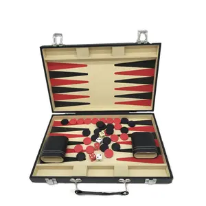 Conjunto de backgammon de madeira, de alta qualidade, com caixa de couro de madeira preta