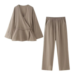 Abito a maniche lunghe <span class=keywords><strong>con</strong></span> scollo a V all'ingrosso kimono doppio petto personalizzato logo pantaloni elastici fabbrica direttamente - Product Image 4