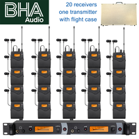 Système de monitoring intra-auriculaire (IEM) UHF 2 canaux BHA IEM2050 avec 20 récepteurs bodypack et flight case pour concerts en direct, groupes et scènes (OEM)