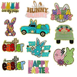 Big Iron on Gold Glitter Edge Happy <b>Easter</b> Mama Bunny Chenille Patch for <b>Hat</b> Hoodies Decoration - Product Image 1