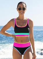 Nouvel ensemble de jupe cache-cœur trois pièces taille haute pour femme, bikini color-block avec bords festonnés, en polyester/nylon très élastique