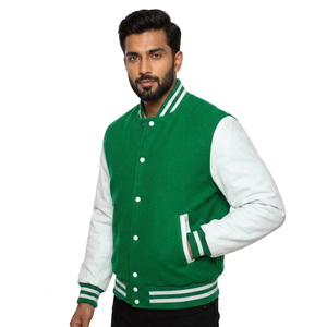 Blouson universitaire personnalisé en laine pour homme avec manches en cuir véritable, logos brodés, col à capuche tissé pour l'hiver - Noir uni - Product Image 1
