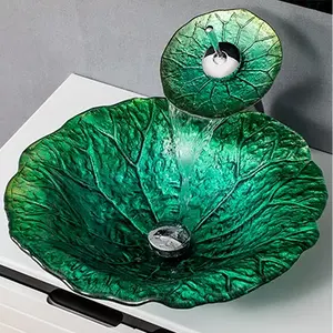 현대 디자인 럭셔리 녹색 연꽃 잎 유리 아트 핸드 워시 분지 유리 욕실 세면대