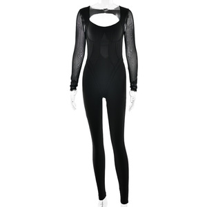 Combinaison de sport pour femmes, couleur unie, col carré, haute élasticité, manches longues, style yoga, coupe ajustée, polyester FDC1785 - Product Image 5