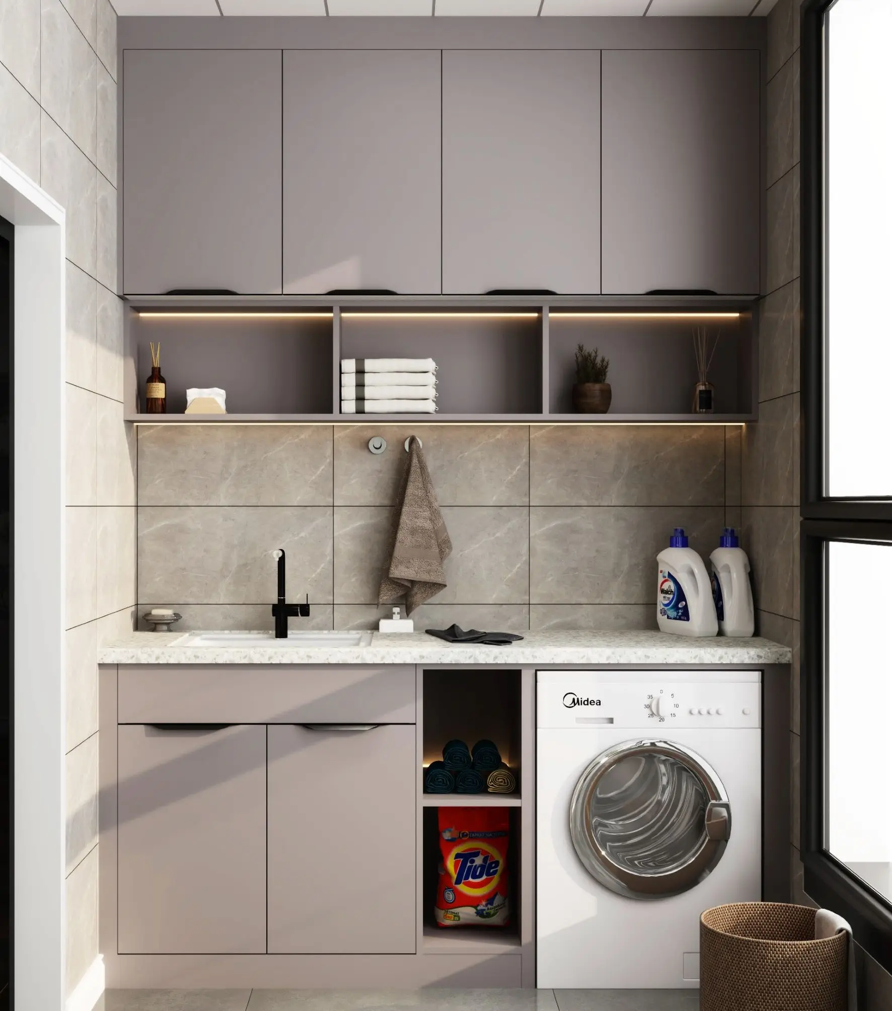 Armário para lavandaria, máquina de lavar roupa na cozinha e no armário à prova d'água do banheiro por grão de madeira de alumínio