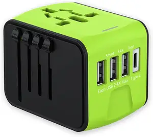 Adaptador de enchufe de viaje de alimentación internacional universal, Adaptador europeo 3USB 1 Tipo C cargador de pared, salida de CA mundial para EU/US/UK/AU