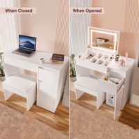 Coiffeuse avec miroir rabattable et éclairage LED, tabouret de maquillage, rangement dissimulé, table d'écriture convertible pour bureau et chambre