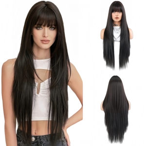 Nouvelle perruque longue et droite noire pour femmes, perruque synthétique résistante à la chaleur avec <span class=keywords><strong>frange</strong></span>, idéale pour le quotidien et le cosplay, effet cheveux naturels. - Product Image 1