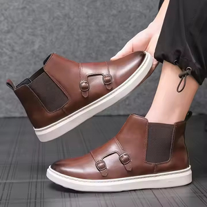 Botas <span class=keywords><strong>Chelsea</strong></span> de Tobillo para Hombre, de Cuero Genuino, Forradas de Piel, con Suela Plana, Banda Elástica, Diseño Cónico y Hebilla, para Invierno y Eventos Formales - Product Image 4