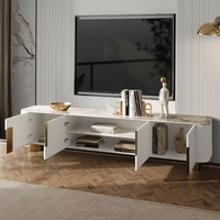 Centro de Entretenimiento NOVA Moderno de Piedra Sinterizada Blanca Mueble de TV con Gabinete de Almacenamiento Lateral para Sala de Estar con Base de Metal Dorada