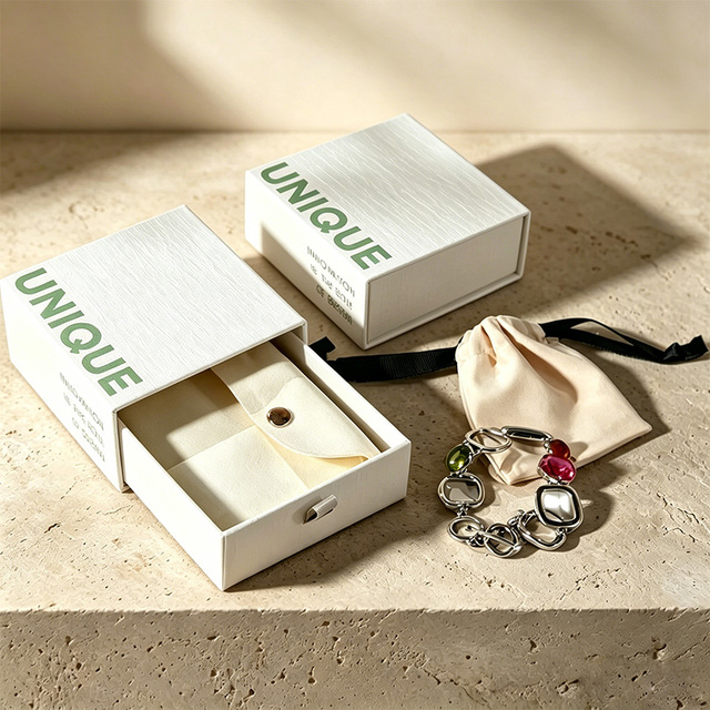 Luxury White Textured Paper Jewelry Box Custom Logo Printed Drawer Style Sliding Packaging for Bracelet Necklace Wholesale