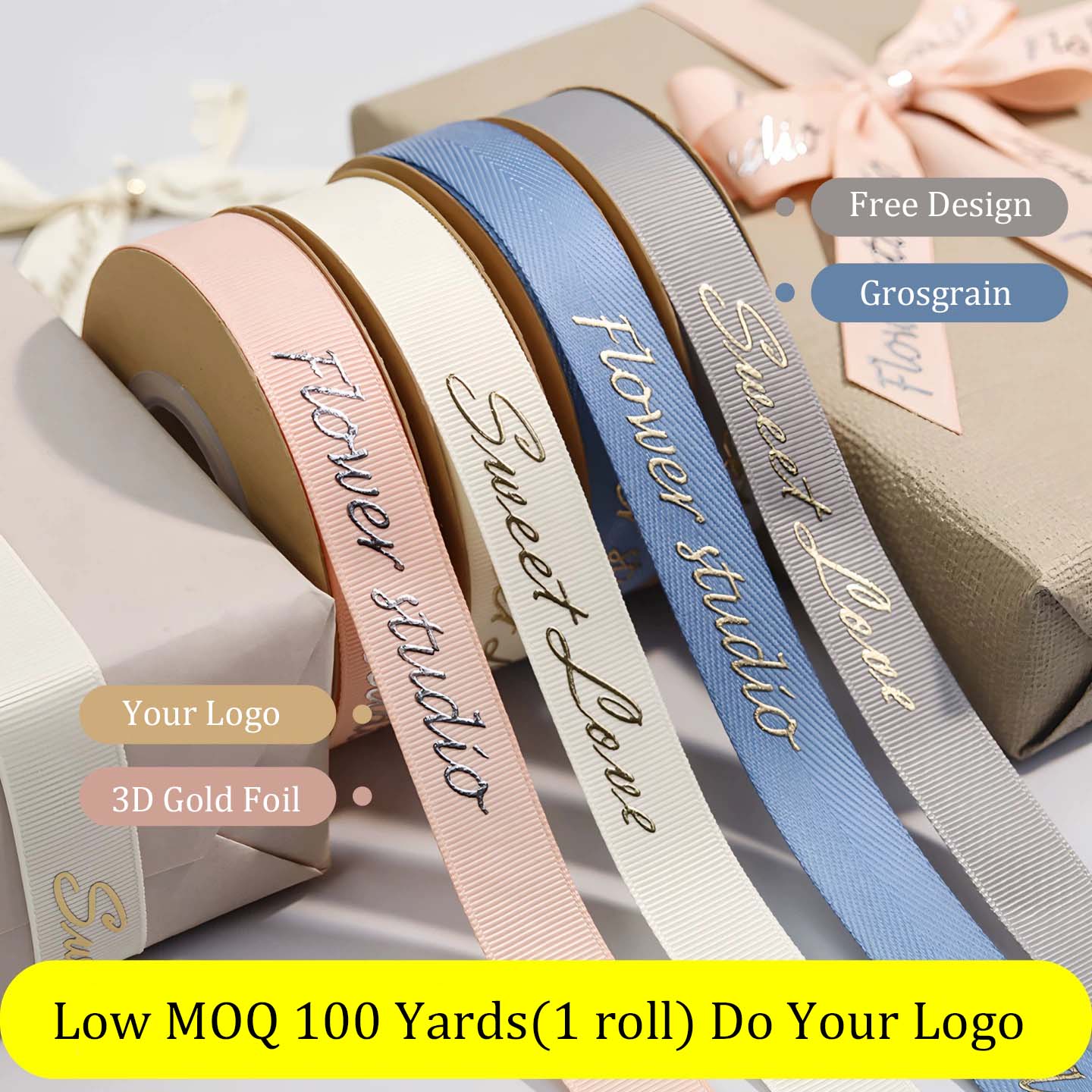 Custom Printed Grosgrain Ribbon with Logo 100% White Recycled Polyester Ribbon Luxury Pink Gift Ribbon for Brand Packaging