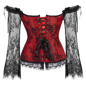 Women Long Sleeve Lace Overbust Corset <strong>Black</strong> Red Waist <strong>Bustiers</strong> <strong>Top</strong> Plus Size Korset Lingerie - Product Image 2