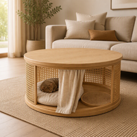 Table basse ronde en bois et rotin tressé avec niche pour chat, idéale pour le salon, conçue pour une utilisation partagée entre les humains et les animaux domestiques