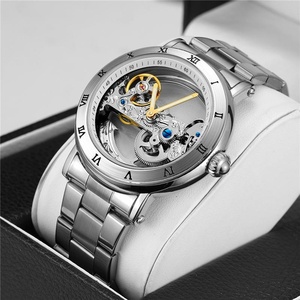 Montre automatique squelette tourbillon exquise avec lunette à chiffres romains, bracelet en acier inoxydable, montre mécanique de luxe pour homme - Product Image 1