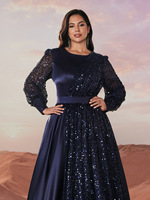 Nouvelle robe de soirée formelle grande taille |   Robe élégante à manches lanternes en satin avec patchwork de paillettes, col rond, pour les événements de gala et de banquet