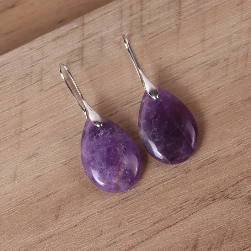 Anting-anting batu alami sederhana antik anting-anting menjuntai kristal mawar kuarsa kristal merah muda Amethyst perhiasan anting-anting untuk wanita