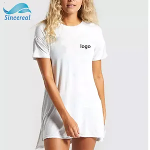 Customized casual plus size mid-length cotton ammoniated front short back long side slit ladies tshirt dress for women