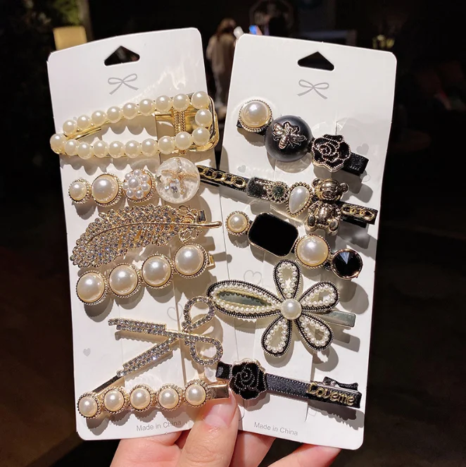 Южная Корея Dongdaemun 6 шт./компл. темпераментный боковой зажим дикая Сетка Красный жемчуг бант сломанная заколка для волос черный медведь заколка для волос