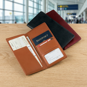 Cartera Unisex Corta de Cuero Genuino con Cierre Plegable, Características Antirrobo, Cadenas y Letra en Oferta para Pasaportes - Product Image 1