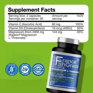 Complément de magnésium L-thréonate avec étiquette personnalisée, favorise la qualité du sommeil, la santé du cerveau, magnésium L-thréonate, 60 capsules végétales - Product Image 3