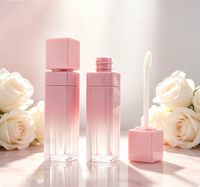 Tube de brillant à lèvres carré rose dégradé vide en gros, 8 ml, avec capuchon doré, emballage cosmétique
