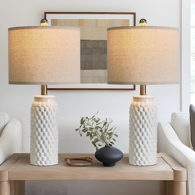BGST Creative Modern White Ceramic Table Lamp Set Bedside & Farmhouse Style for Bedroom Living Room Office & Dorm Decorations