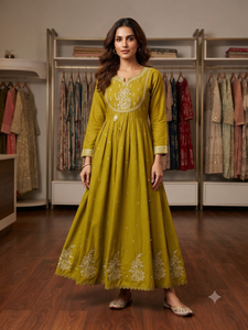 Elegante Vestido Anarkali Verde Oliva para Mujer, Vestido Étnico Bordado de Tres Piezas para Bodas y Fiestas, Diseño Indio - Product Image 3