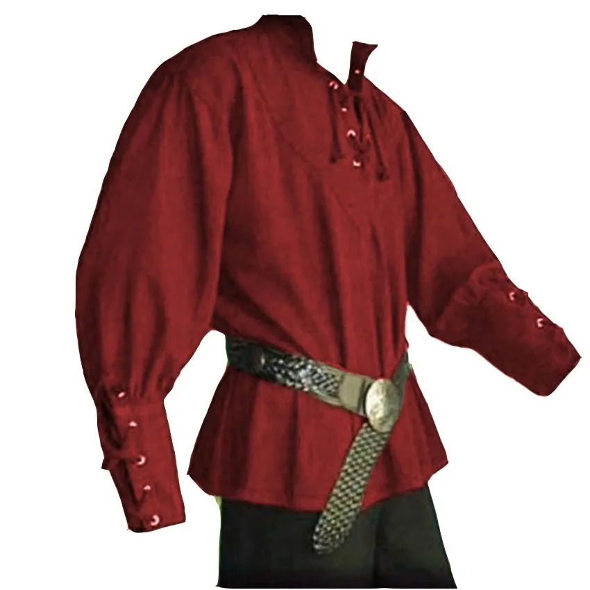 Medieval Steampunk Costumes Renaissance Vintage T-shirt for Men Stand-up Collar Bandage Long Sleeve Loose Party Shirt Cosplay