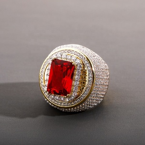 Fashion Jewelry Brass Gold Plated <strong>Ruby</strong> Center Stone Bling Full of Zircon <strong>Men</strong> Hip Hop <strong>Ring</strong> - Product Image 5