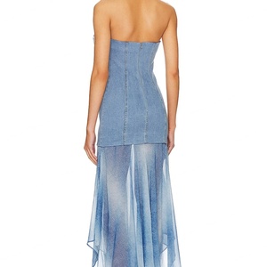 Robe longue ShanLai en denim bleu / Robes en denim pour femmes avec logo personnalisé et ourlet en mousseline à rosettes - Product Image 3