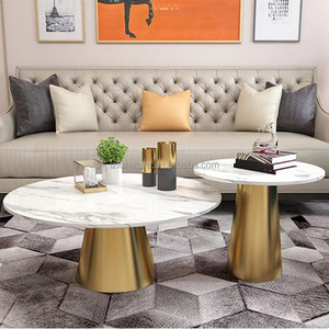 Luxury Round <b>Nesting</b> <b>Coffee</b> <b>Table</b> <b>Set</b> of 2 White Black Marble Look Sintered Stone Top Gold Stainless Steel Cone Base Living Room - Product Image 5