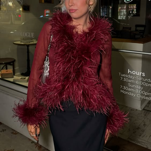 スタイリッシュなふわふわフェザーアウターウェアカスタム高級通気性クロップドリアルダチョウフェザーファーコートセクシー女性メッシュトップ付きファートップ - Product Image 4