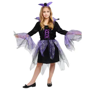 万圣节儿童服装舞台服装蜘蛛女孩蕾丝裙派对美丽蕾丝晚礼服