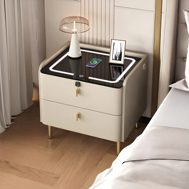 Smart Nightstand Simple Modern Wireless Charging Fingerprint Lock Cream Style Bedroom with Sound Nightstand Premium.