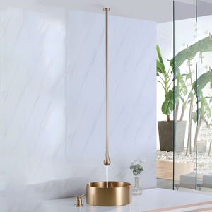 Robinet de lavabo mural moderne en laiton massif brossé doré, à 2 trous, eau chaude/froide, avec cartouche céramique, design goutte d'eau - Product Image 1