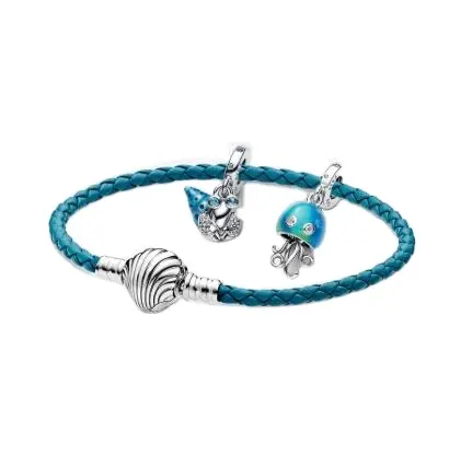 2023 New Arrive Original 925 Sterling Silver Blue Leather Bracelet With Shell Clasp Women's Charm Bracelet