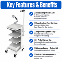 Chariot d'endoscopie moderne OEM en ABS réglable avec bras de moniteur, colonne en alliage d'aluminium et gestion des câbles pour salle d'opération hospitalière