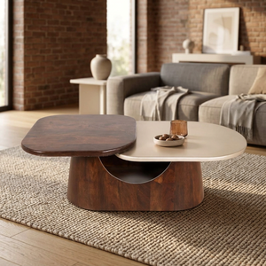 Mesa de Centro Moderna de Dos Niveles de Madera de Mango Sólida con Diseño Rectangular, Acabado en Teca Rosa Oscuro y Nogal Oscuro para Sala de Estar - Product Image 2