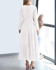 Robe élégante pour femmes à manches longues et col en V, avec taille plissée et ourlet superposé, pour un usage quotidien, robe fluide - Product Image 5