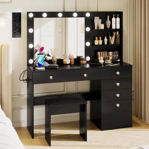 Commode <span class=keywords><strong>pas</strong></span> <span class=keywords><strong>cher</strong></span> embellir noir bois chambre meubles de vanité en bois beauté vanité table en bois avec lumière LED miroir de maquillage pour chambre - Product Image 3