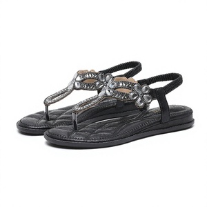 Elegant <b>Silver</b> T-Strap Flat Sandals <b>Open</b> <b>Toe</b> Summer Women Shoes Glitter Upper Flower Decoration Breathable Rubber Outsole - Product Image 1