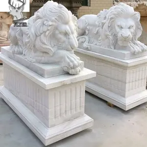 Outdoor entrance marble lying lion statue hand carving stone lion with marble statue sculpture