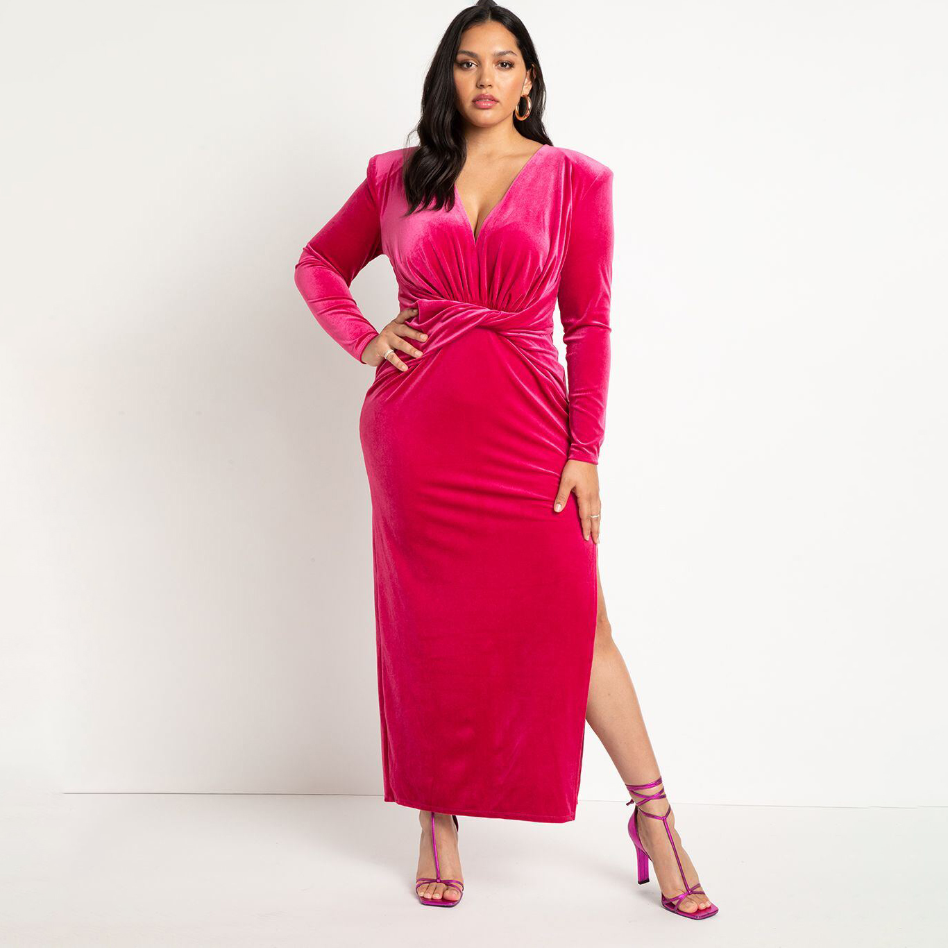 Oem Odm – robe de soirée fendue à la taille, grande taille, manches longues, velours rose, robes de fête pour femmes