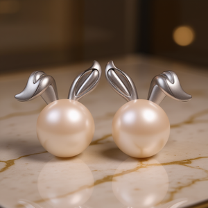 Pendientes de Perlas Blancas con Diseño de Conejito de Dibujos Animados, Plata 925, Perlas de Agua Dulce de Grado AAA para Mujer, Uso Diario - Product Image 2