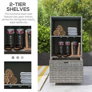 ชั้นวางผ้าขนหนูหวาย 2 ชั้น พร้อมตะกร้าเก็บของอเนกประสงค์สำหรับกลางแจ้ง สปา แบบตั้งพื้น สีเทา - Product Image 5