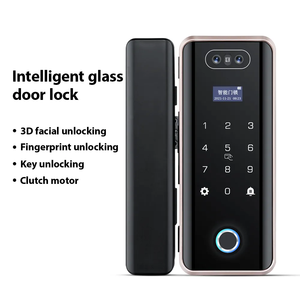 ガラスドアダブルフックデッドボルトスマートドアロック、3D顔認識指紋アプリパスワードキーカード付き
